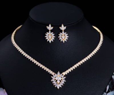 Gold Plated Flower Necklace Earrings Jewelry Set